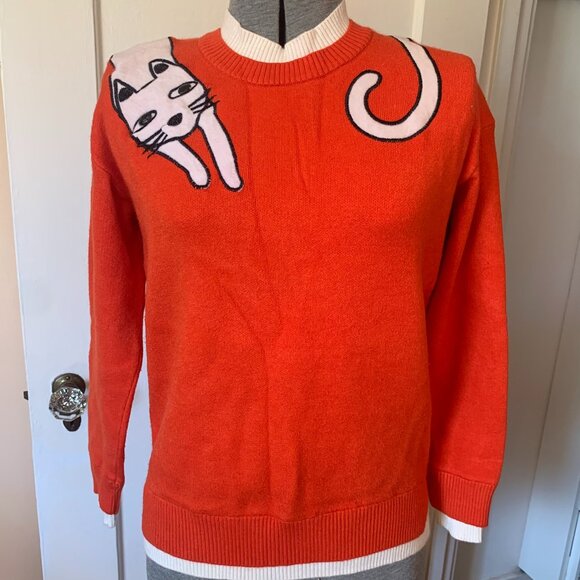 Orange Pullover Sweater Sz M Embroidered White Cat Novelty Mock Neck Layers - Picture 1 of 5